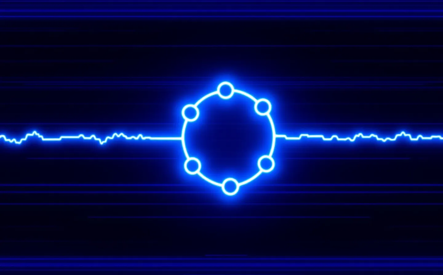 Cathode-glow illustration of a cyclic heptapeptide ring on a deep cobalt ground